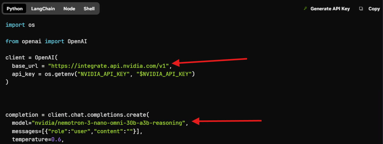NVIDIA API key section