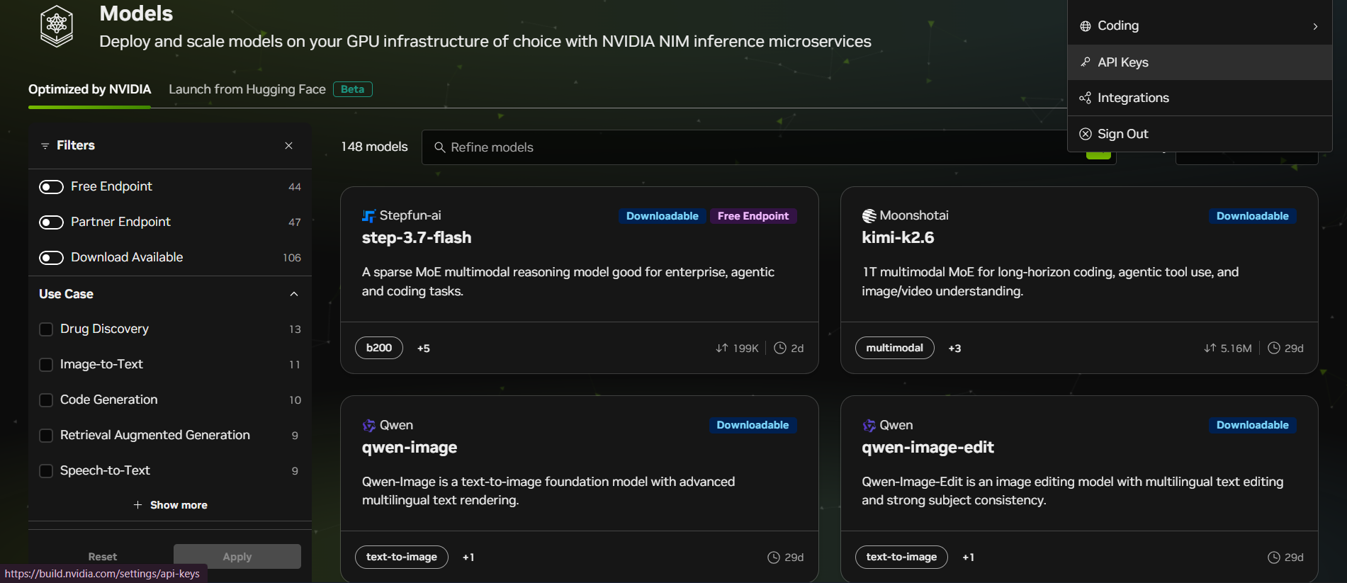 NVIDIA profile API keys